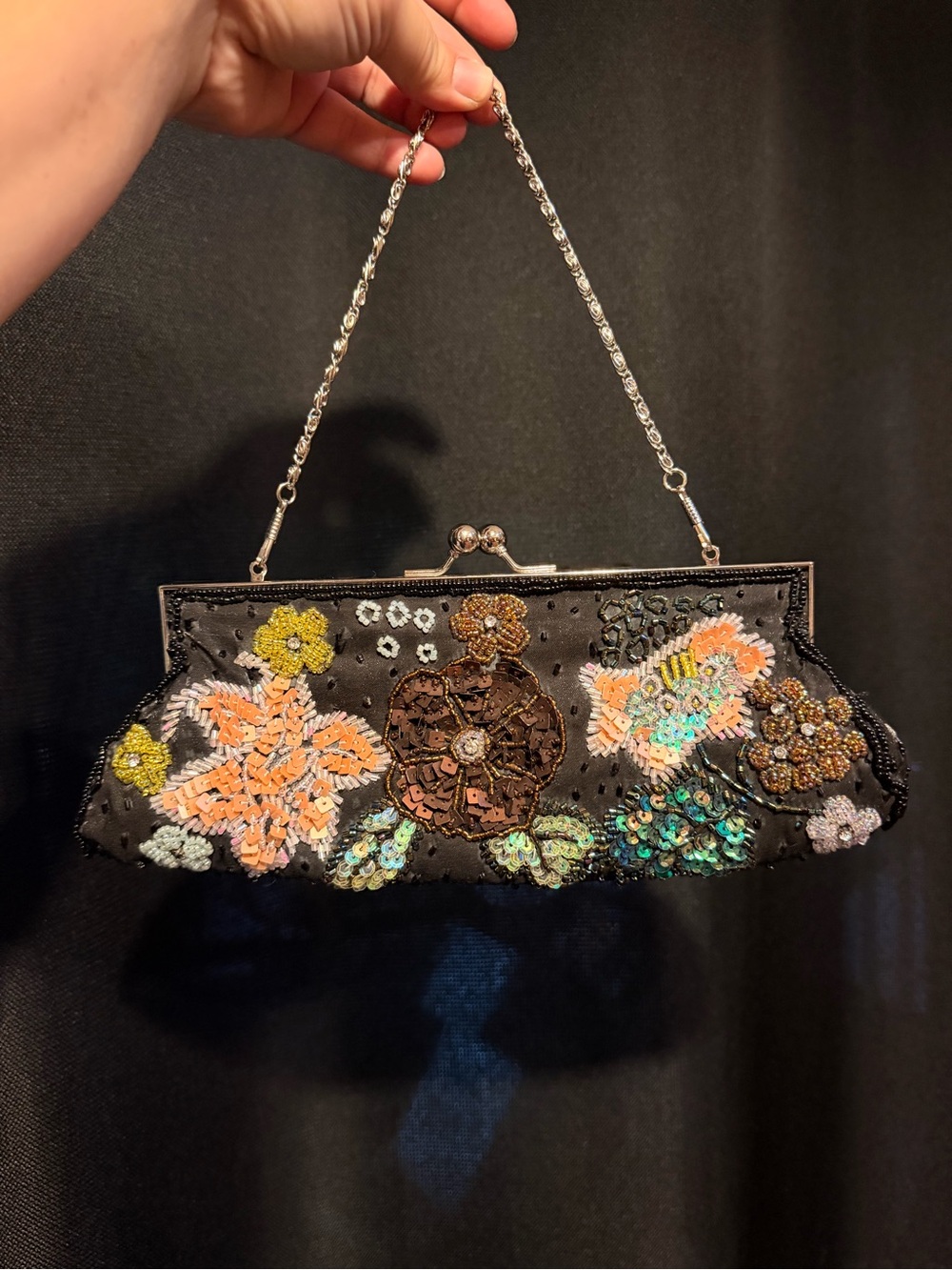 Beaded Floral Sequin Evening Clutch - Black with Multicolor Embroidery - Picture 6 of 7